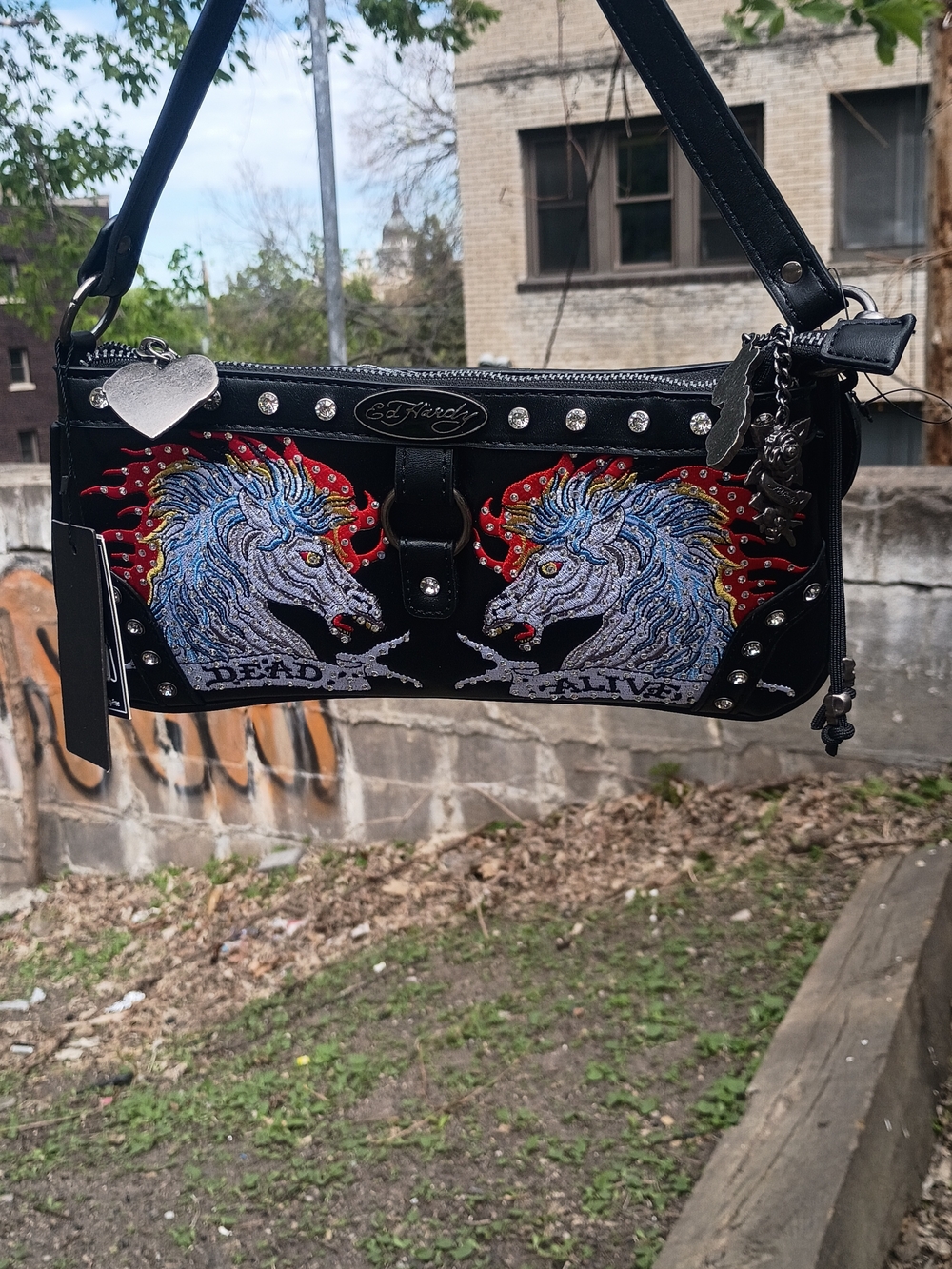 Ed Hardy Dead Alive Mini Bag With Rhinestone Studded Horses